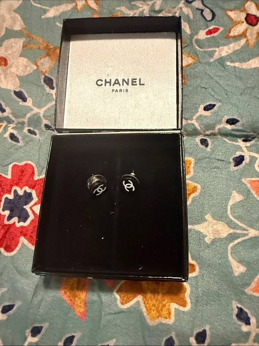 CHANEL Black and Silver CC Logo Stud Earrings